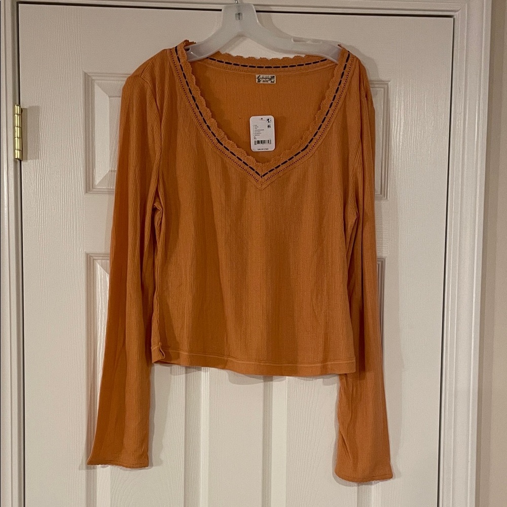 Free People V-Neck Orange Long Sleeve Top